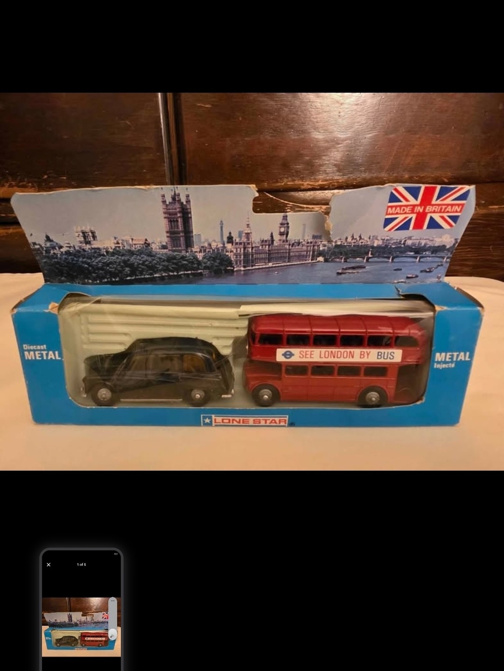 Red London Double-Decker Bus & Black Taxi Die-Cast Toy Set Vintage
